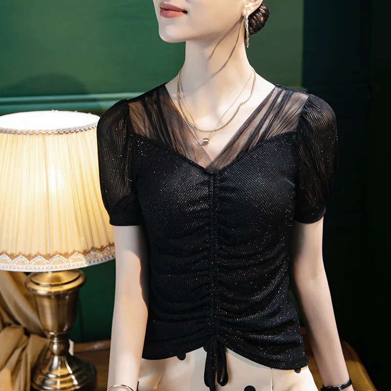 

Summer European Clothes T-Shirt Woman Sqaure Collar Shiny Beaded Slim Tops Short Puff Sleeve Elastic Tees Blouses Grace