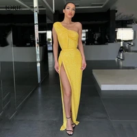 lorie sequins yellow evening dresses saudi arabia one shoulder mermaid side slit clubbing gowns shiny pleated celebrity dress