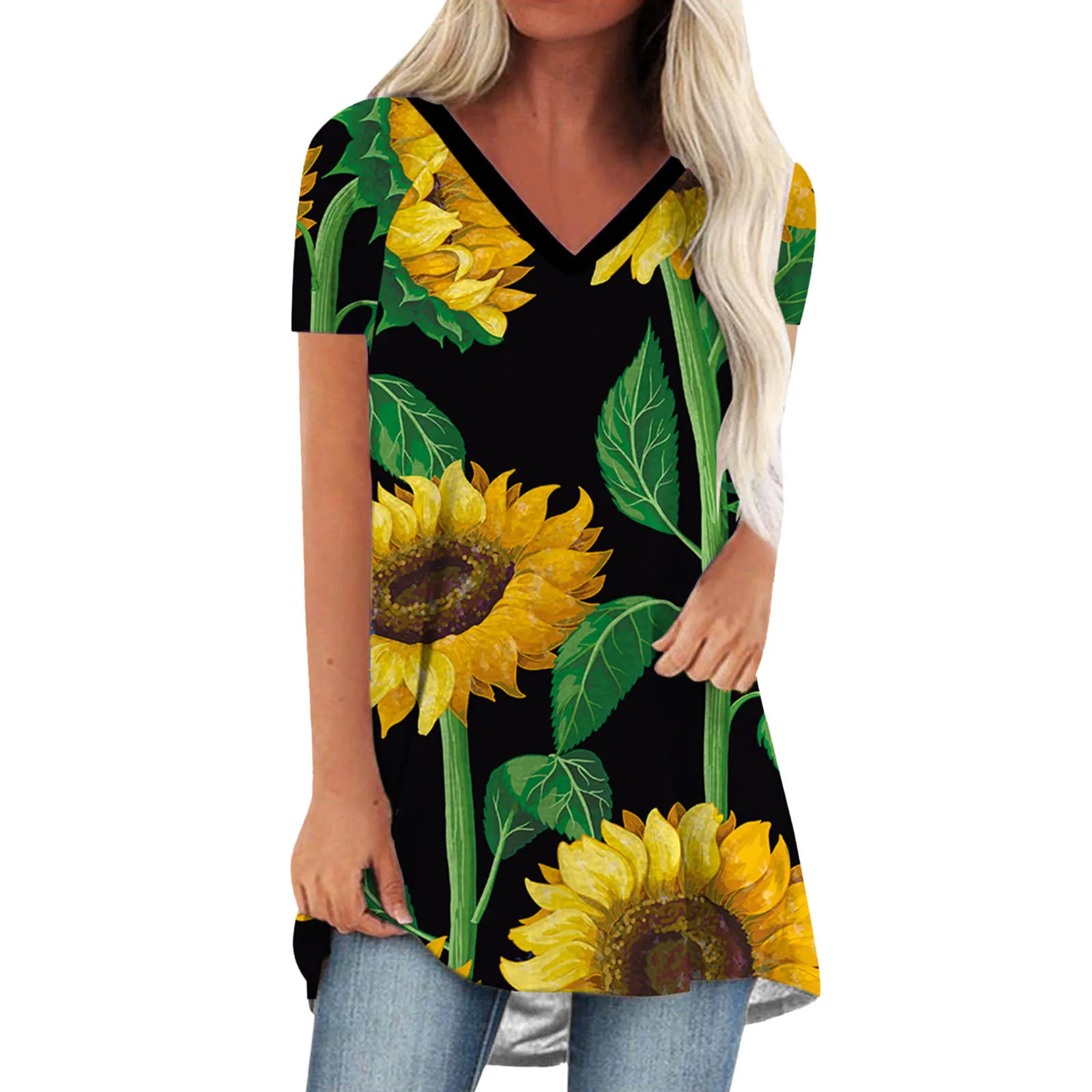 

Summer Tops For Women Casual Longshirts Short Sleeve V Neck Tshirts Sunflower Graphic Printed Basic Tee Shirt Femme Tunic Top