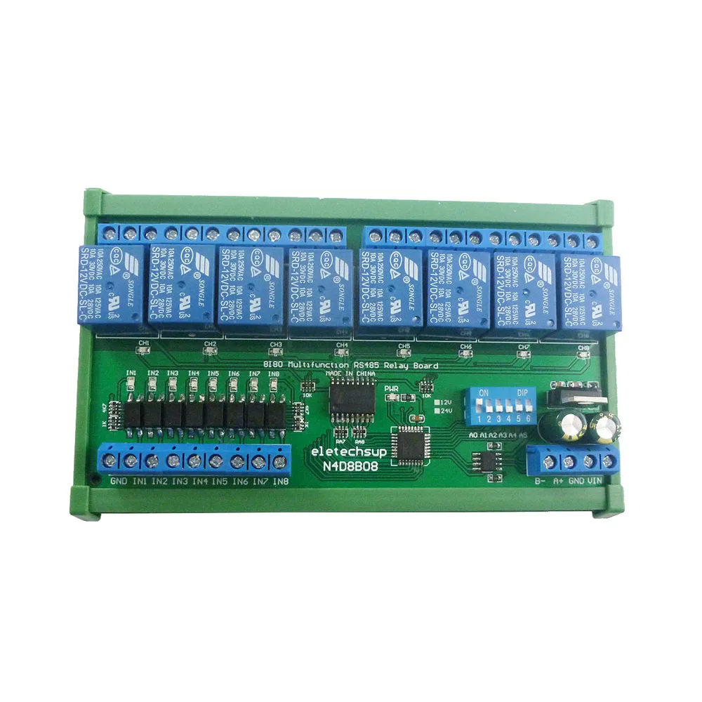 

DC 12V 24V 8I8O Digital RS485 Modbus RTU Protocol Switch Control Board DIN35 C45 Rail Box N4D8B08 Relay PLC Expansion Board