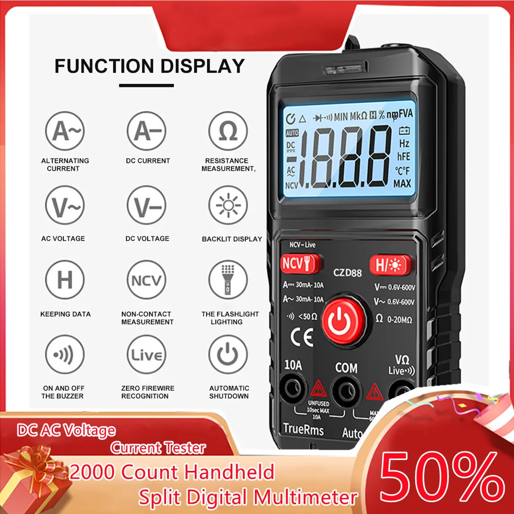 

Smart Voltage Tester SZ08 2000 Count Handheld Split Digital Multimeter LCD Portable DC AC Voltage Current Diode NCV Tester Meter