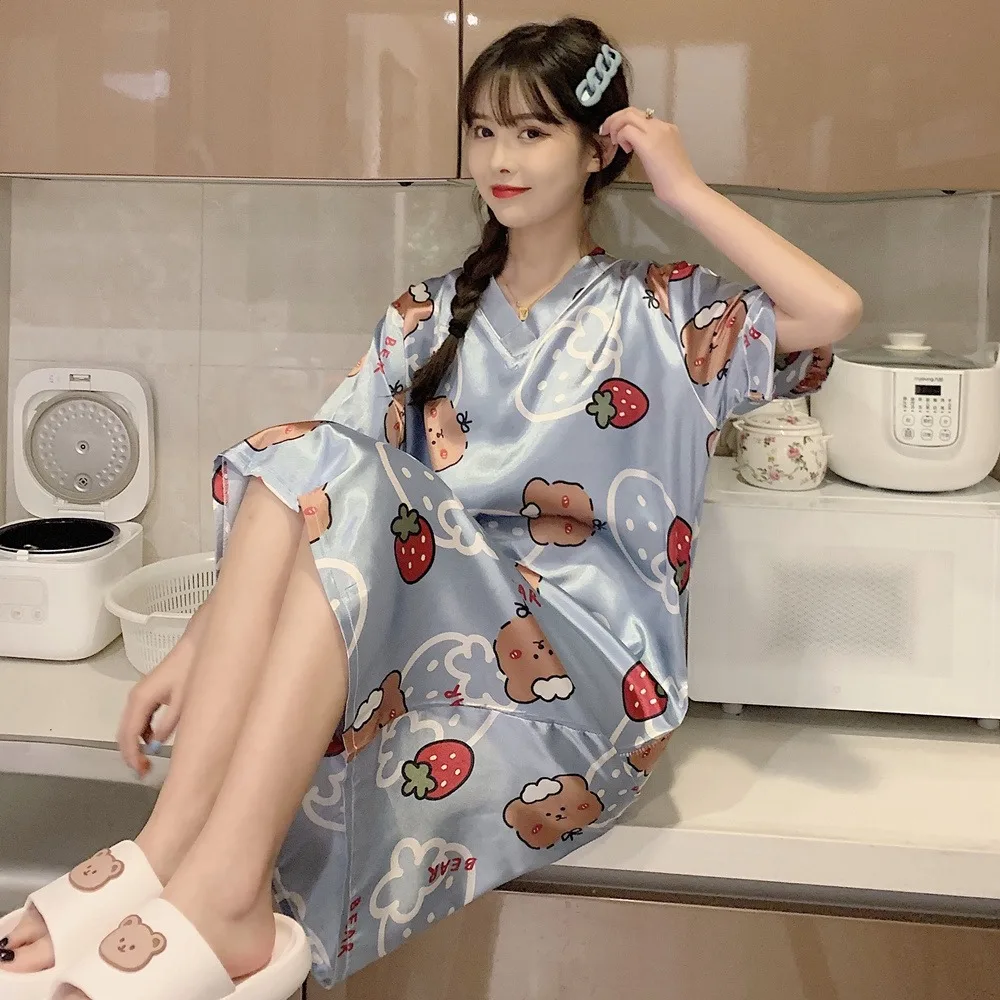 Summer Night Dress Women Plus Size Nightgown V-neck Cartoon Print Sleepshirts Short-sleeved Nightie Pijamas Silk Satin Sleepwear