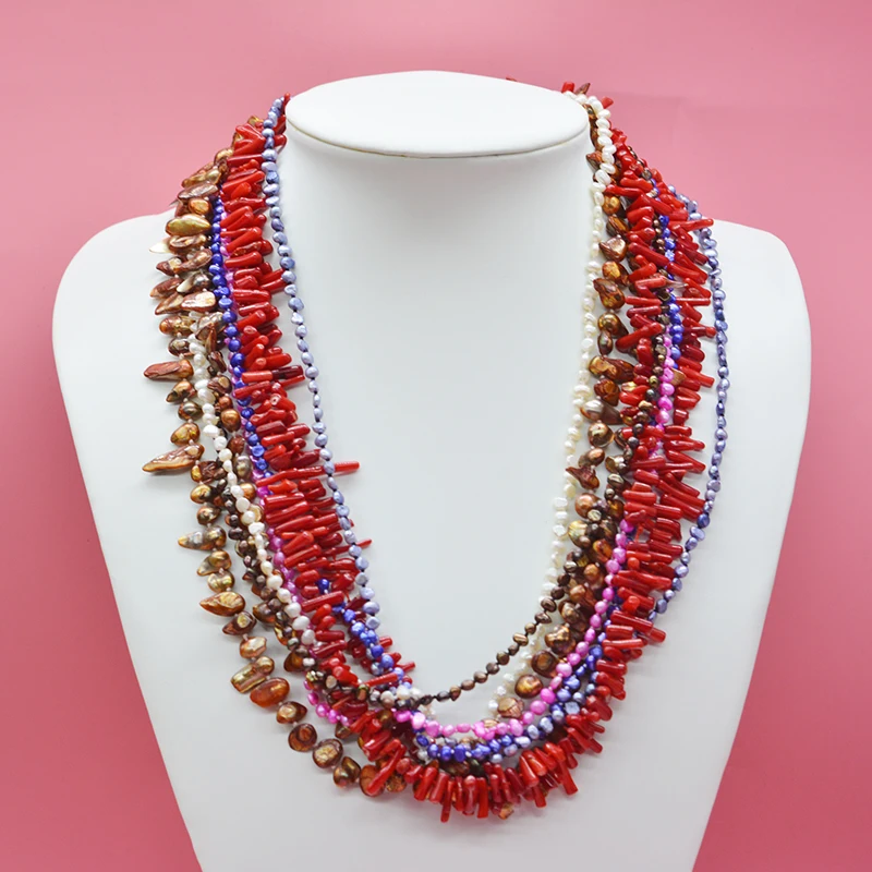 

classic. pretty. Lady necklace. Natural baroque pearls and natural coral. beaded necklace 24”