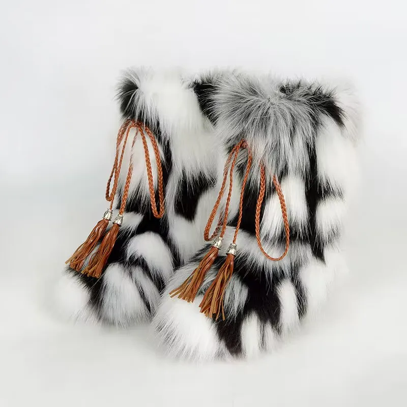 2024 женские зимние новые цветные ботинки на меху модные с кисточками толстые