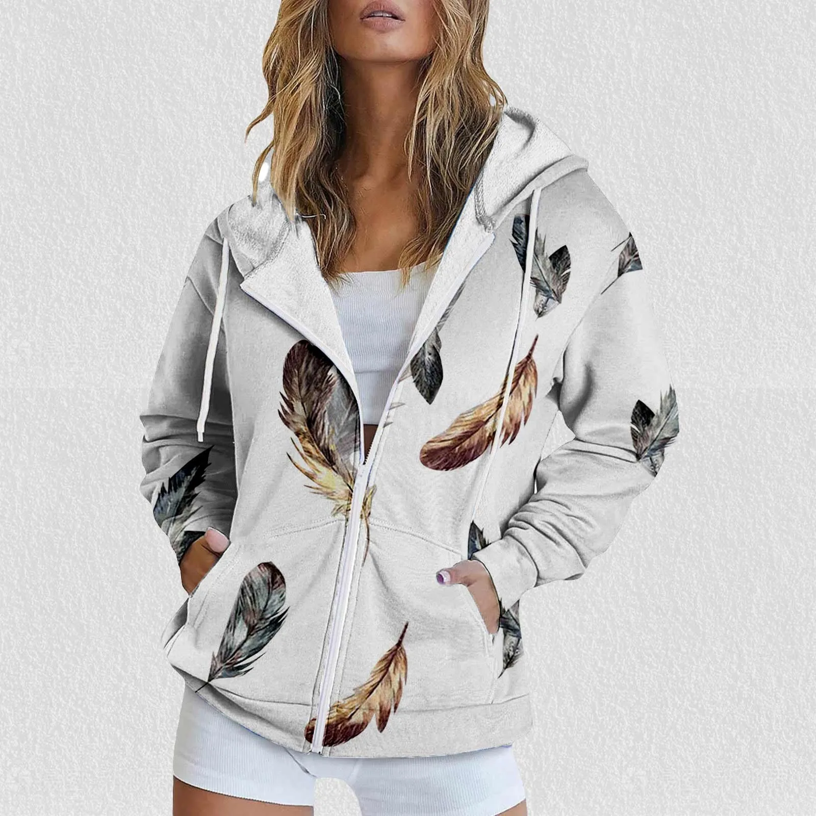 

Women's Printed Hooded Pull Out Zipper Loose Casual Pocket Jacket
