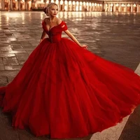modest red wedding dresses appliques beads ball bridal gowns tulle off the shoulder deep v neck charming vestido de noiva