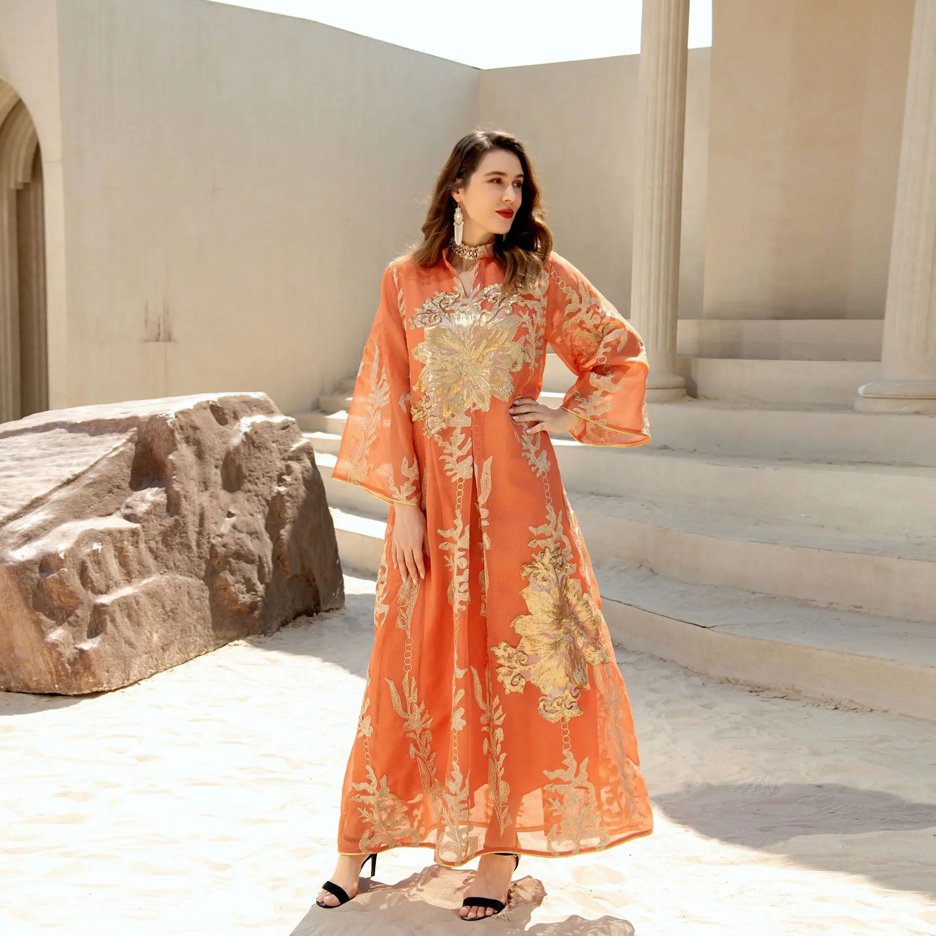 Платье женское длинное в мусульманском стиле, модная абайя, длинная Арабская одежда, оранжевое, Средний Восток, на лето