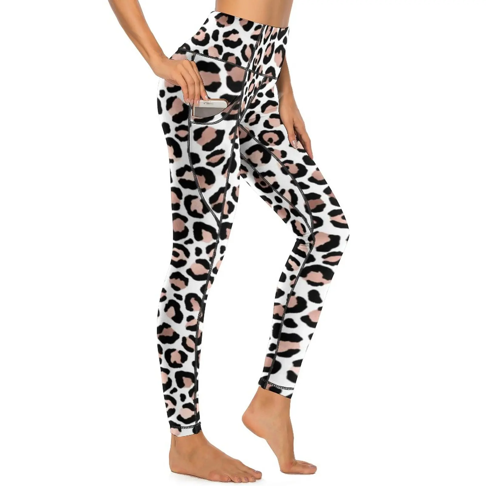 Cheetah Animal Leggings Sexy Rose Leopard Print High Waist Yoga Pants Sweet Elastic Leggins Pockets Workout Gym Sports Tights