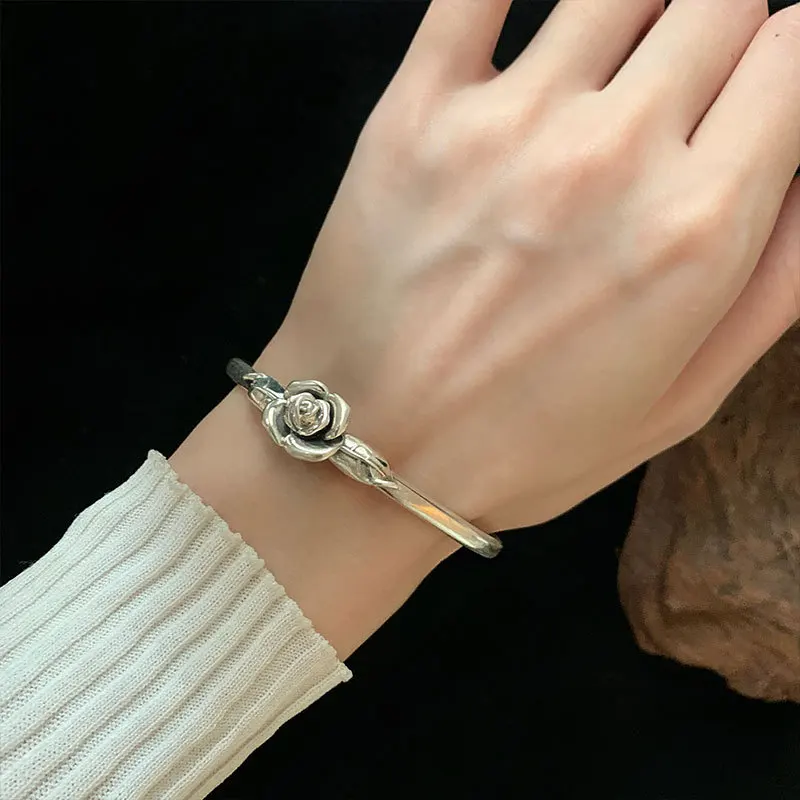 

Elegant Rose Flower Vintage Thai Silver Ladies Bangle Original Jewelry For Women Hot Sell Gifts Never Fade Cheap