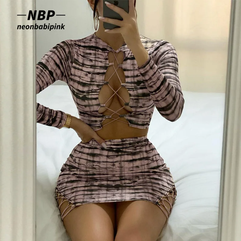 

NEONBABIPINK Striped Print Two Piece Set Bandage Crop Top High Waist Mini Skirt Sexy Outfits for Woman Club Dresses N95-CE23