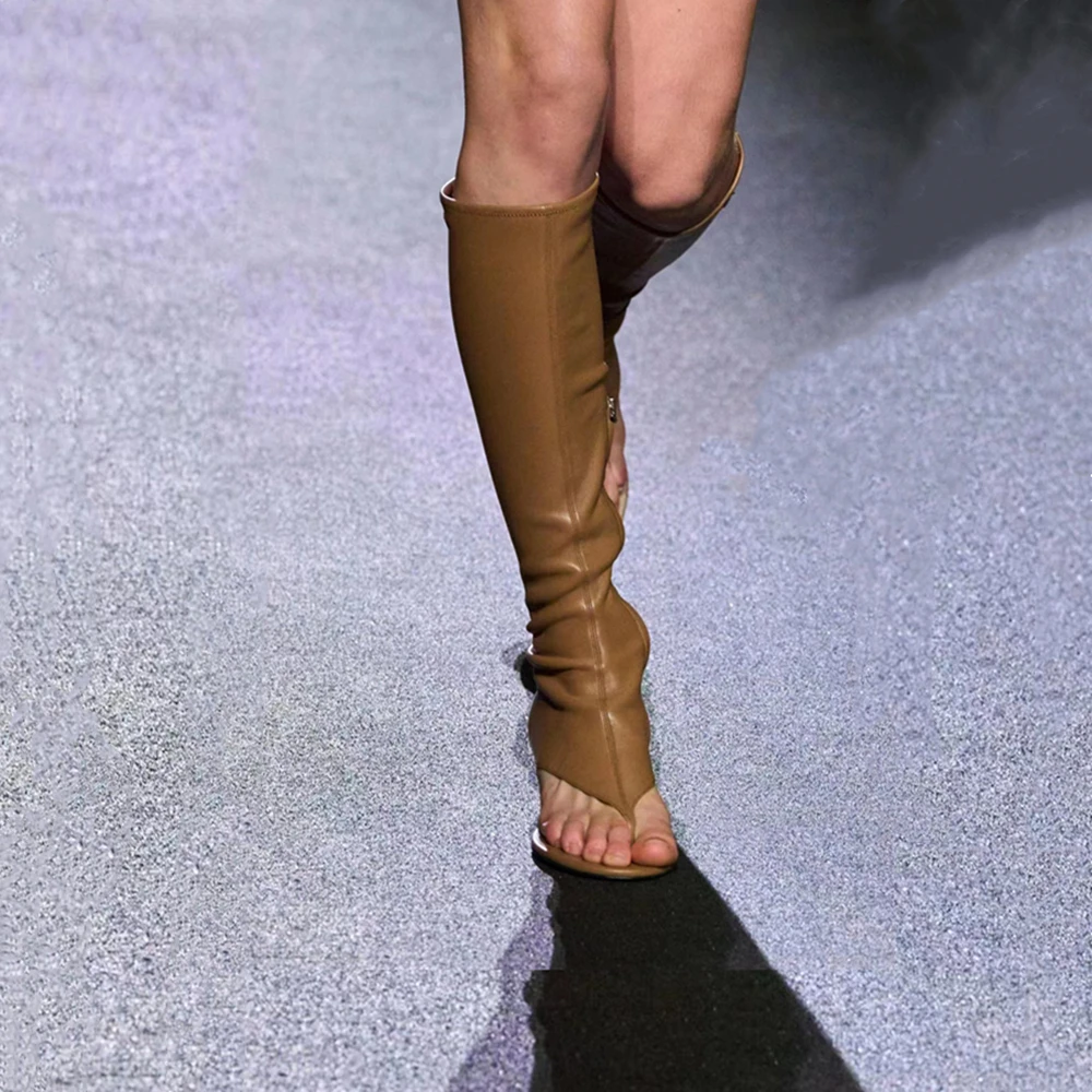 Women's New Fashion Slim Heel Black Cat Heel Clip Toe Boots Elastic Soft Microfiber Flip-Flops Side Zip Low Heel Knee Boots