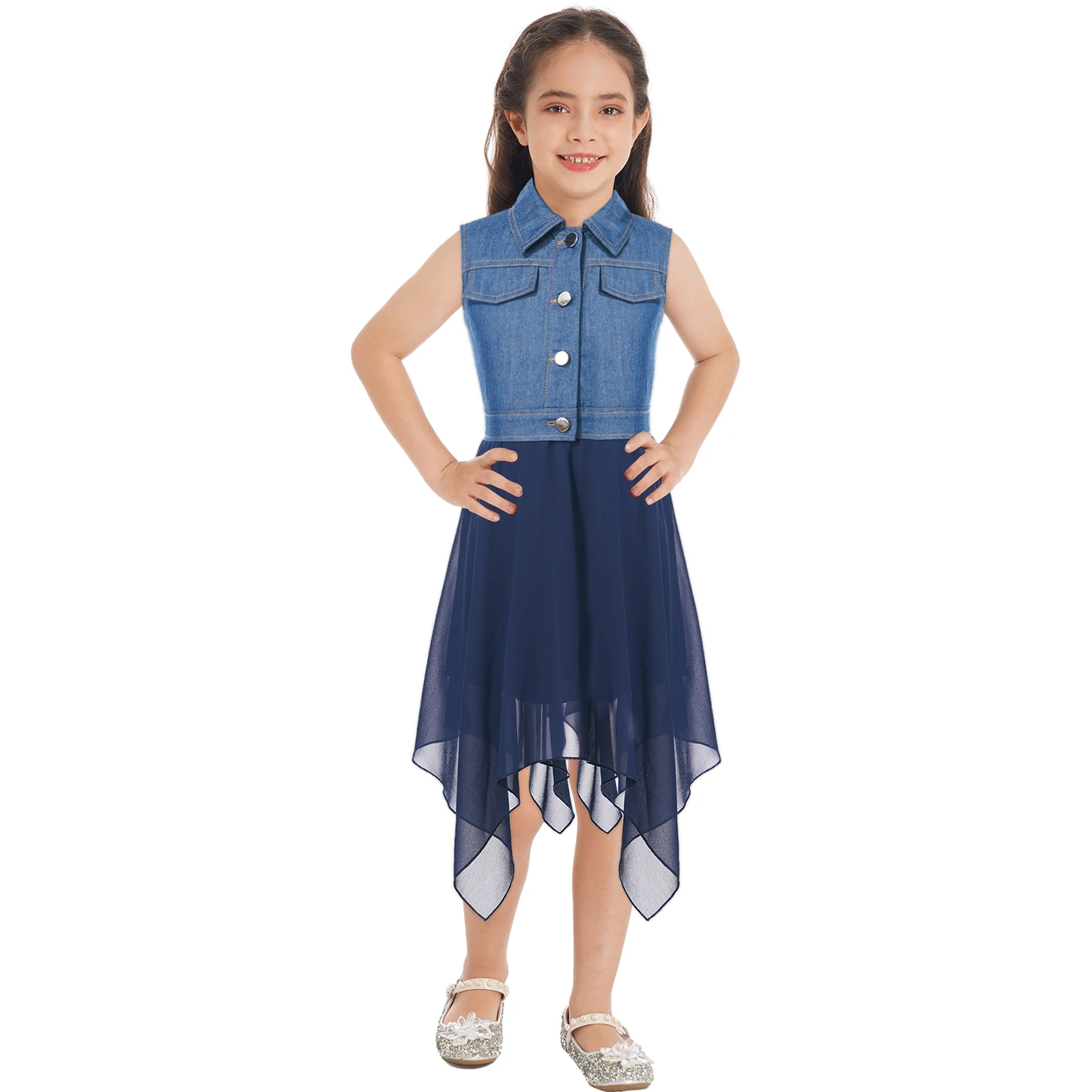 

Kids Girls Denim Dress Summer Sleeveless Turn-Down Collar Buttons Patchwork Chiffon Skirt Dresses Children Casual Dress Clothes