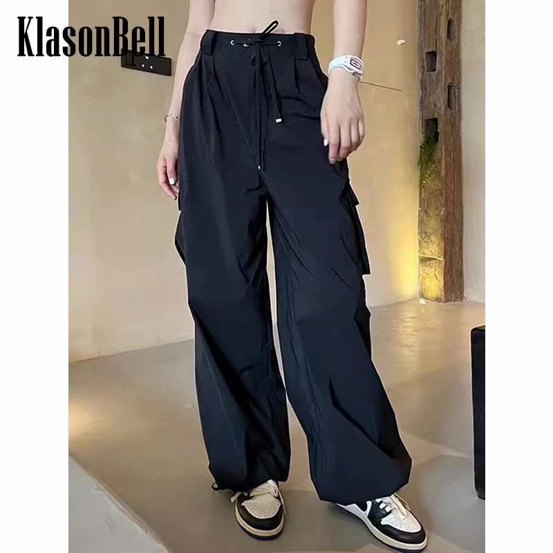 6.9 KlasonBell Fashion Black Drawstring Pleated Cargo Pants Women