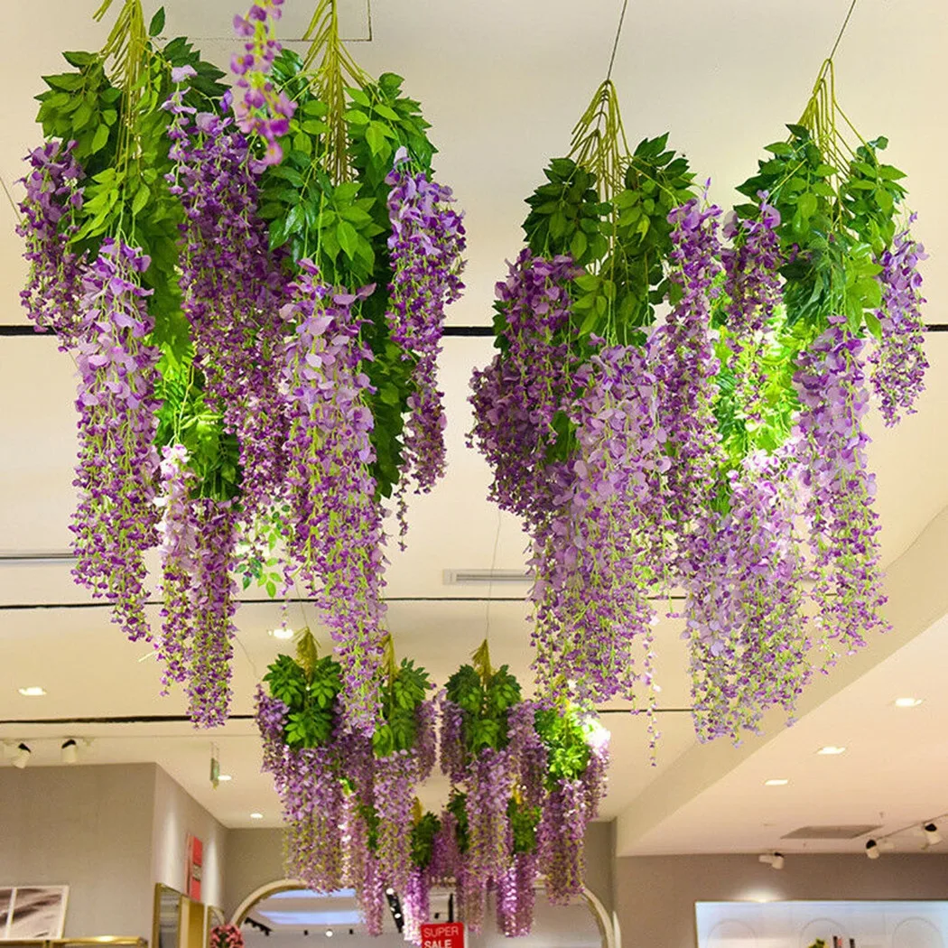 12Pcs Artificial Wisteria Ivy Hanging Vine Faux Silk Flower Garland Purple Hanging Flower Plant For Home Garden Wall Decoration