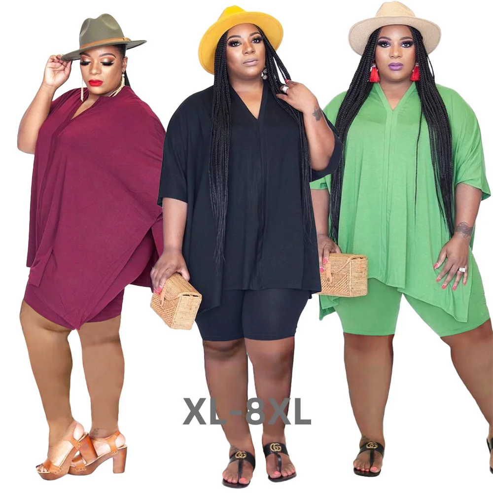 Plus Size Shorts Sets Two Piece Set Solid Loose Crop Top Leggings Casual Fashion Matching Set 2022 Who 3xl 4xl 5xl 6xl