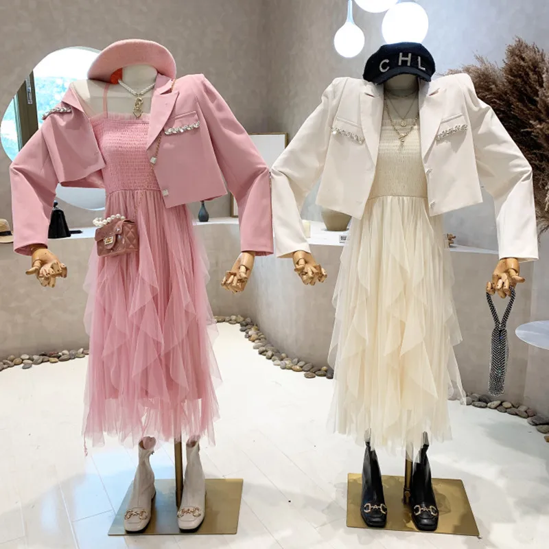 

New Women's Clothing 2022 Spring Temperament suit long sleeved short suit Blazers Top + mesh suspender Dress Two piece set