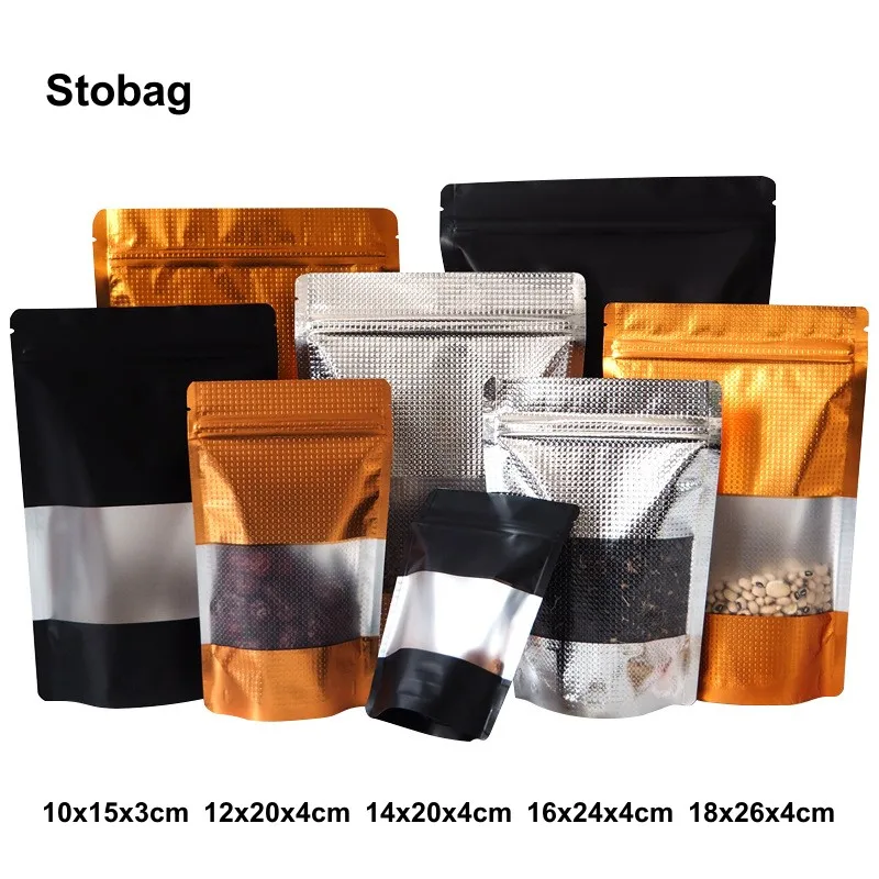 

StoBag 100pcs Black/Gold/Sliver Aluminum Foil Food Package Ziplock Bag Stand Up for Candy Tea Snack Nuts Storage Reusable Pouch