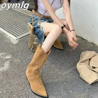 light brown pointed toe mid tube western cowboy style boots knight boots thick mid heel womens fashion boots tooling boots