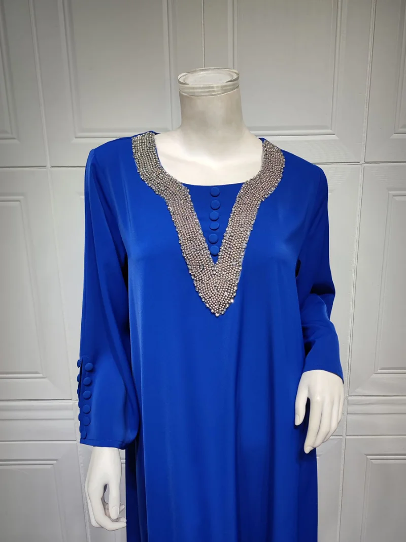 Morocco Party Dress for Women Fashion Diamonds Button Decoration Long Sleeve Party Prom Dress Ramadan Muslim Women Maxi Vestidos