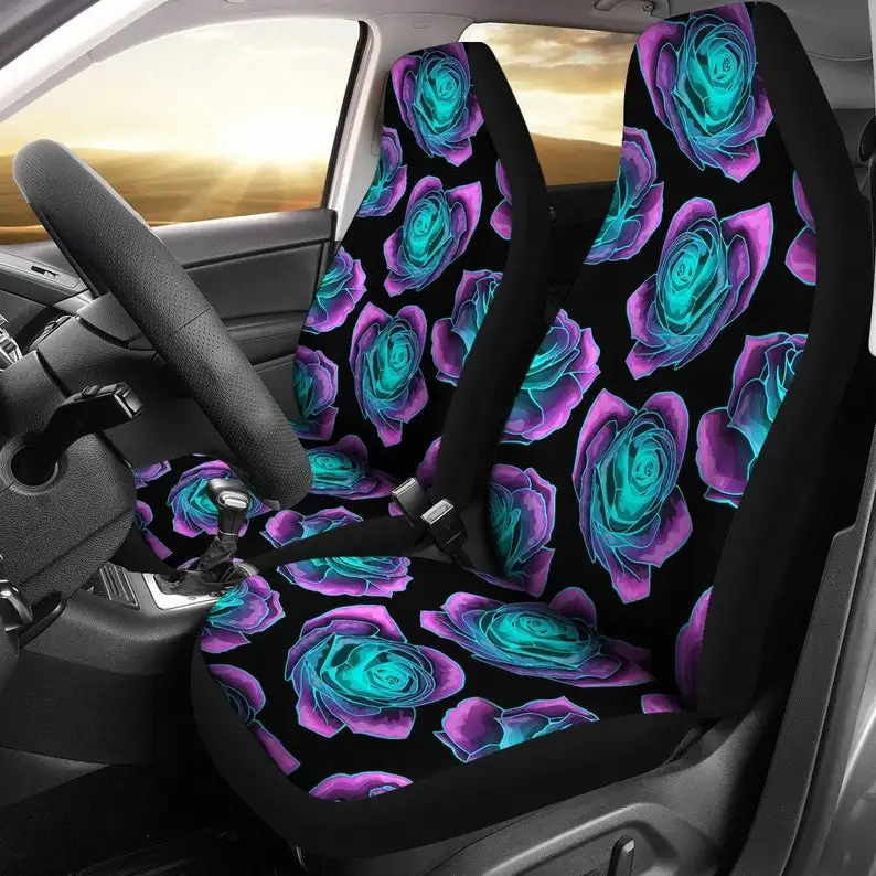 

Neon Pink / Purple Roses Flowers Black Car Seat Covers Pair, 2 Front Car Seat Covers, Seat Cover for Car, Car Seat Protector, Ca
