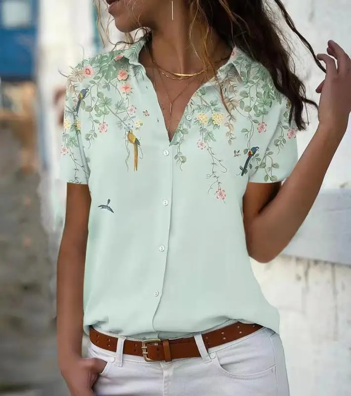 

2022 Fashion Flower Printed Tops Casual Short Sleeve Button Office Lady Shirt Loose Vintage Turn Down Collar Blouse Women 22083