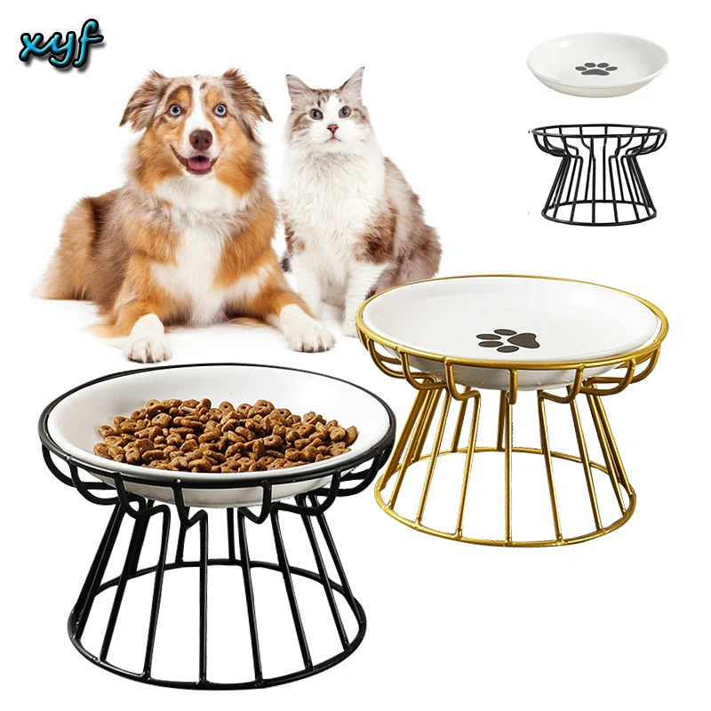 Nordic Ceramic Dog Bowl Stainless Steel Elevated Bracket Cat Feeder Bowl Plate Anti-cervical Spondylosis Food Bowl for Pet Dogs