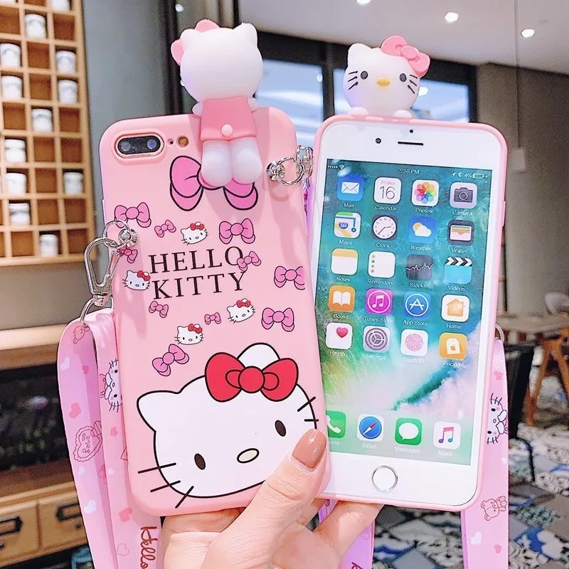 

Sanrio Hello Kitty Bracket Phone Case for OPPO A9 A5 A53 2020 A15 A52 A54 A74 A94 A96 A57 Find X3 Lite X5 Pro Cover Wth lanyard