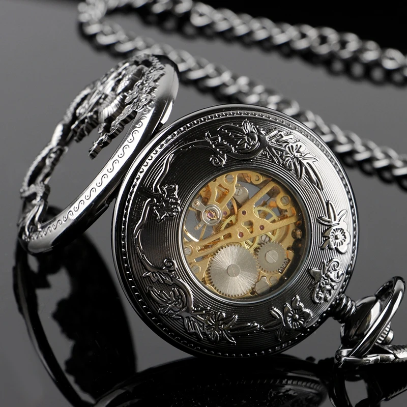 Fashion Steampunk Black Flying Dragon Embossed Mechanical Pocket Watch Vintage Bracelet Waist Chain Accessories Gentleman Watch