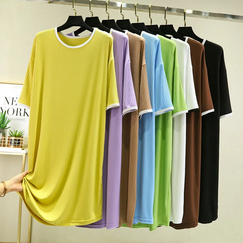 

Женское Короткое платье свободного покроя, однотонное платье из модала большого размера в вертикальном цвете, женская летняя ночная рубашка, одежда для сна