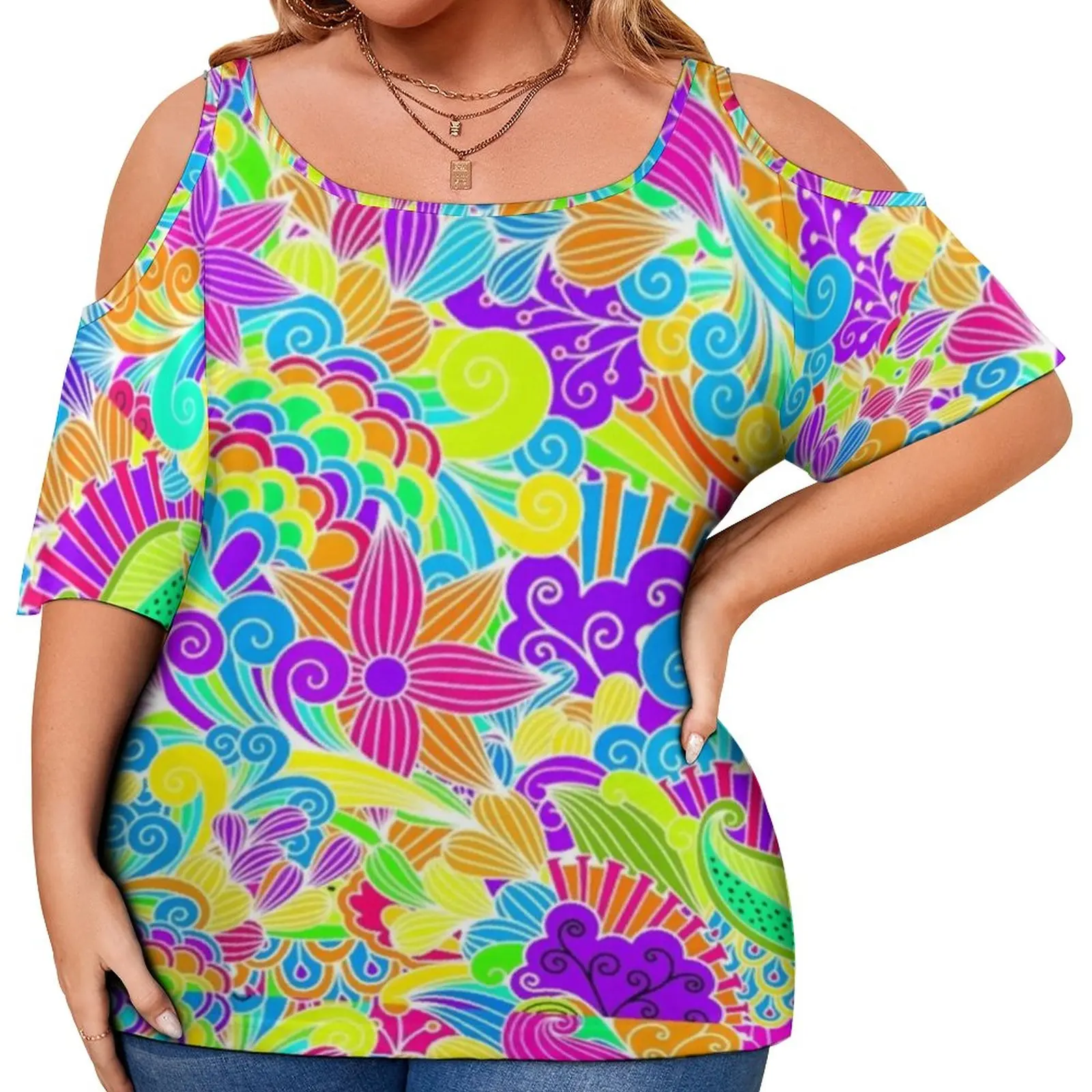 

Colorful Hippy T-Shirt Retro Floral Print Pretty T-Shirts Short Sleeves Print Tshirt Women Street Wear Tees Plus Size 5XL