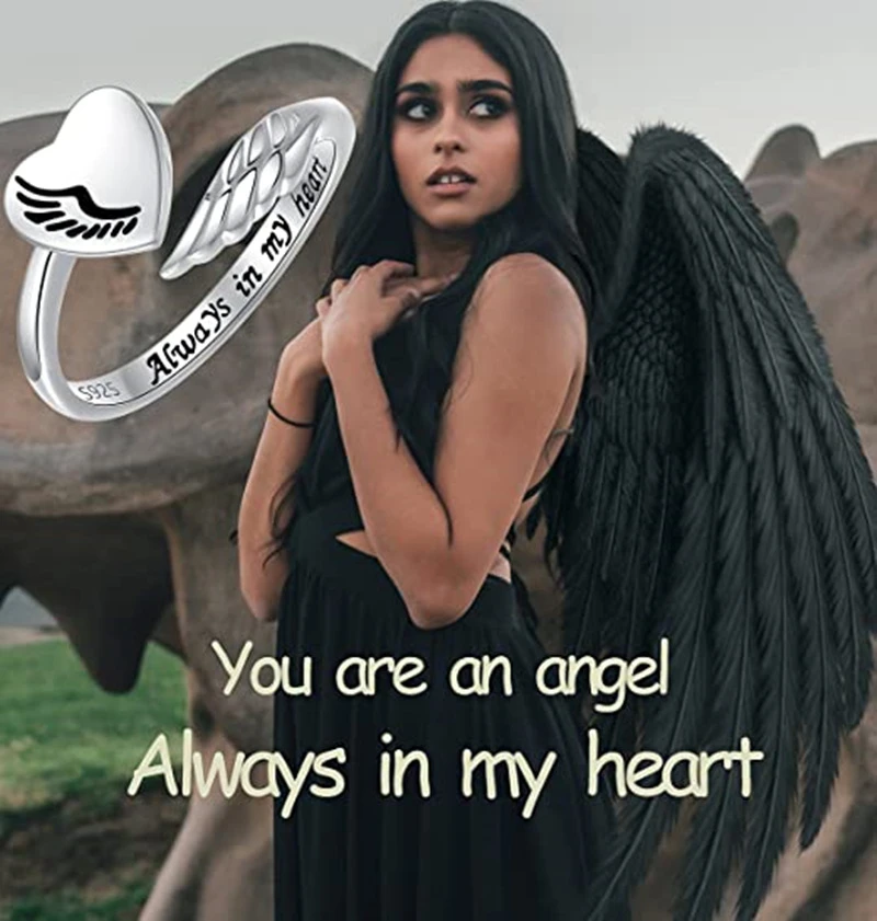 

Delicate Heart Angel Wings Rings for Women Girls You Always In My Heart Open Adjustable Finger Ring Couple Birthday Jewelry Gift