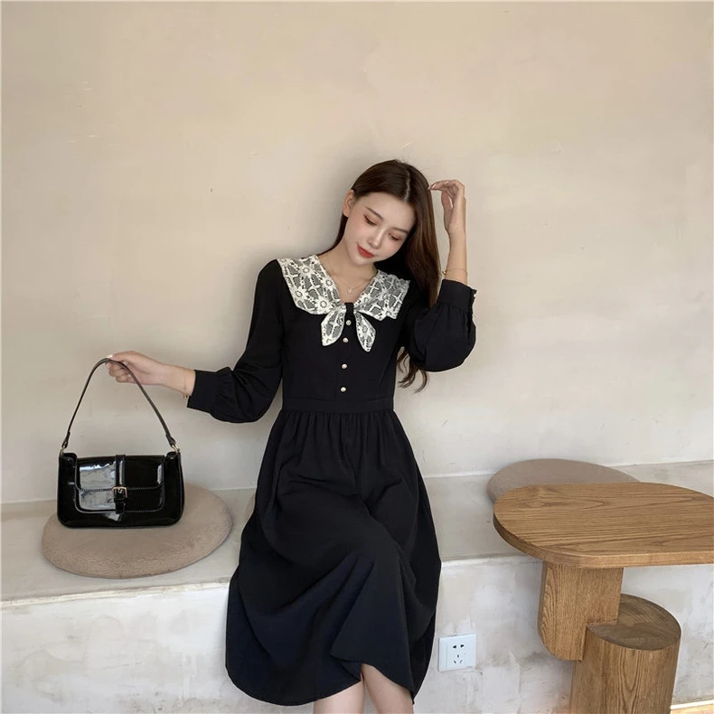 

Женское кружевное платье на пуговицах, платье в стиле пэчворк с воротником «Питер Пэн» и длинными рукавами, весна-осень