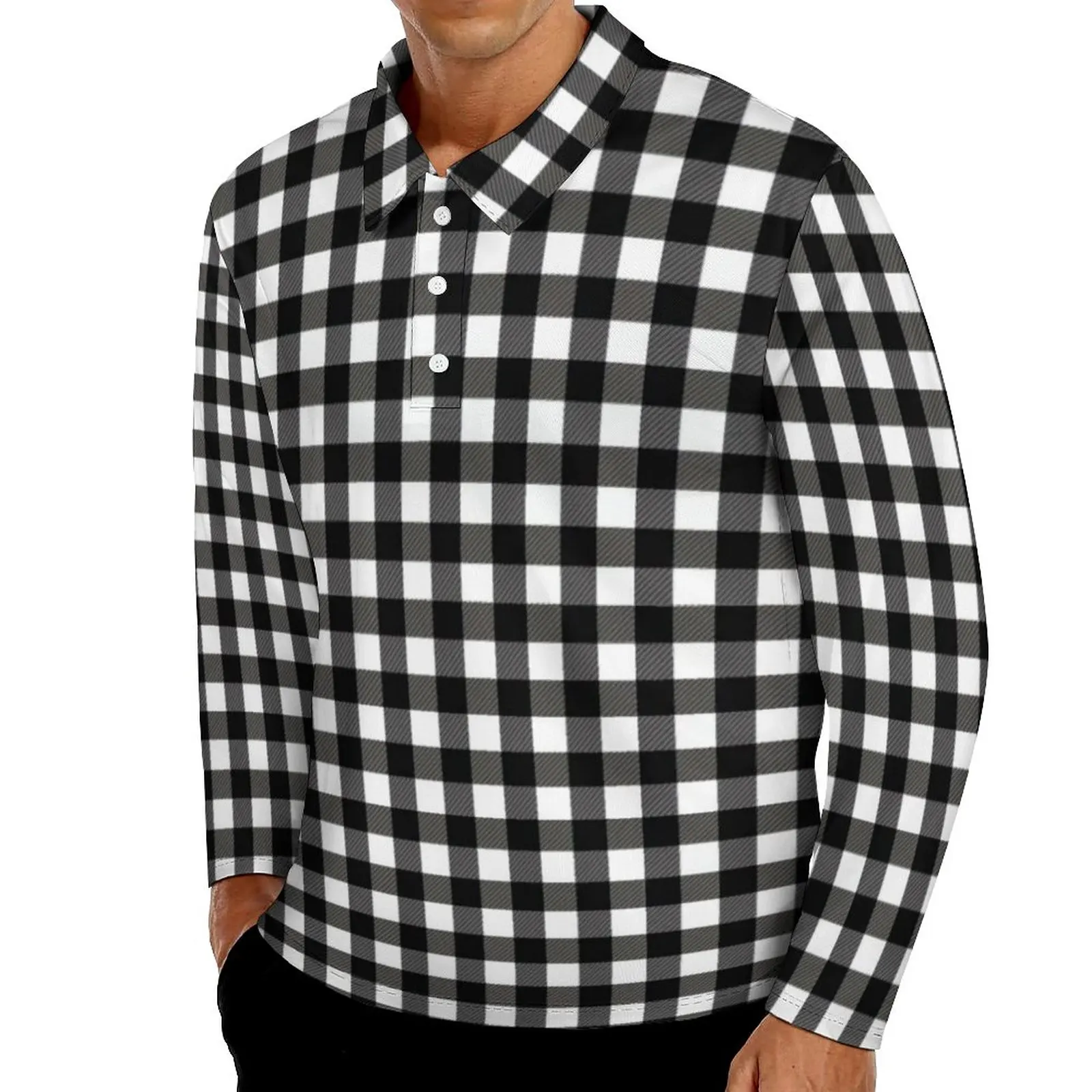 

Рубашка-поло мужская в клетку, Ретро стиль, Повседневная рубашка в клетку, с длинным рукавом, в стиле оверсайз, цвет черный/белый, осень