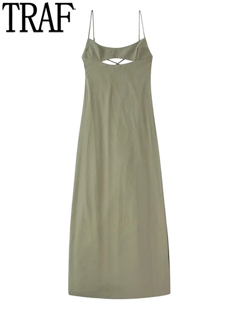 

TRAF Khaki Cut Out Slip Dress Women Tied Long Summer Dresses Woman 2022 White Backless Sexy Dress Midi Evening Party Dresses