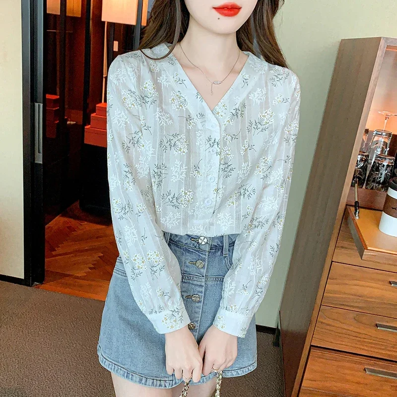 

Cotton Linen Casual Women's Shirt Printed FASHION Blouses Spring/Summer Full Ladies Clothing V-neck Loose Tops YCMYUNYAN