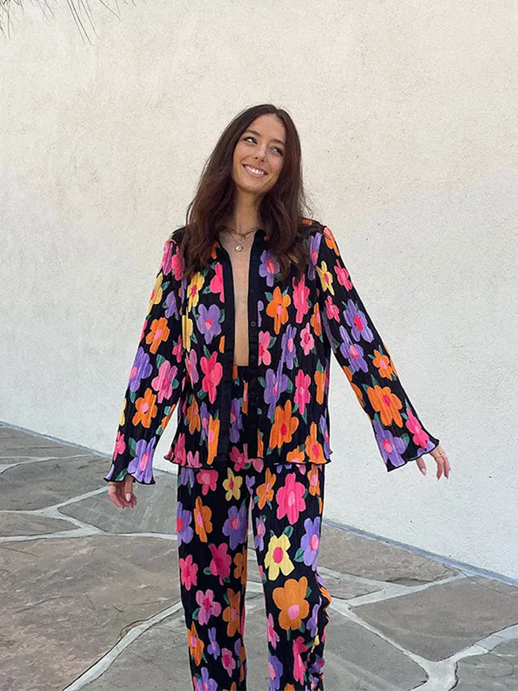 Женский плиссированный комплект из двух предметов Свободный Топ с цветочным