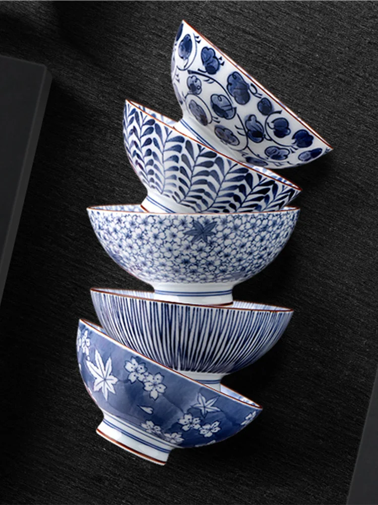 

Mino Yaki Ceramic Household Japanese-Style Tableware Rice Noodle Blue and White Porcelain Bowl Set Gift