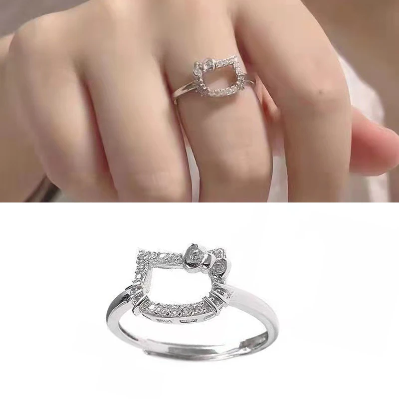 

TAKARA TOMY Hello Kitty Diamond Ring 925 Silver Plated Jewelry Accessories Women's Party Zirconium Diamond Resizable Charms Ring