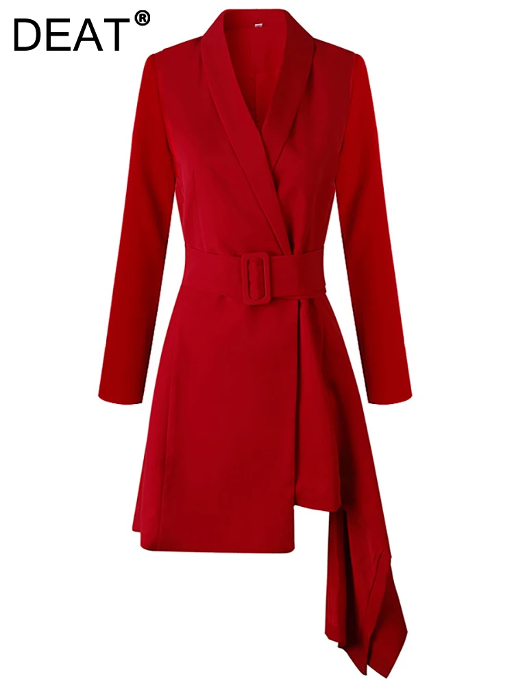 

DEAT Fashion Women Suit Dress Shawl Collar Slim Long Sleeve Waist Belt Irregular Solid Color Dresses Summer 2023 New 17A0422H