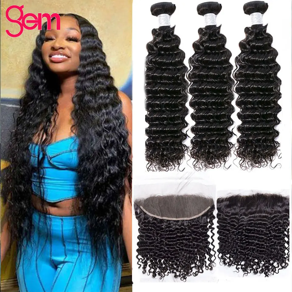 

Deep Wave Human Hair Bundles With Closure Wig Brazilian Weave Hair 5x5 Closure Wet And Long Bundles GEM Human Hair Extension