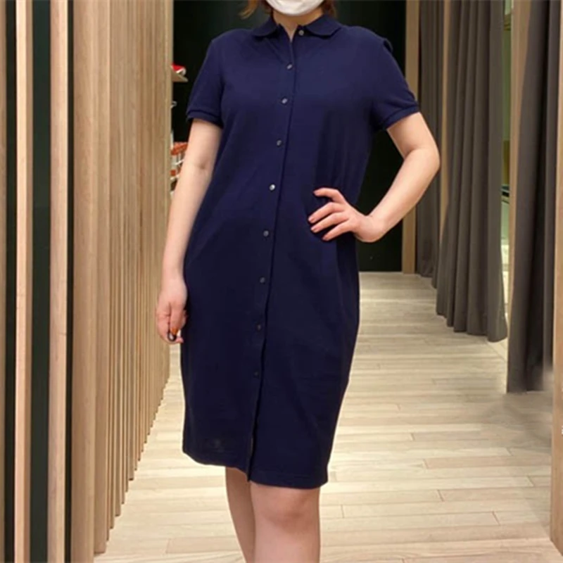 

Summer High Quality Women's Alligator Dresses Short Sleeve Lady Female Casual Single Breasted Cardigan Polo Dress Femmes Jupe