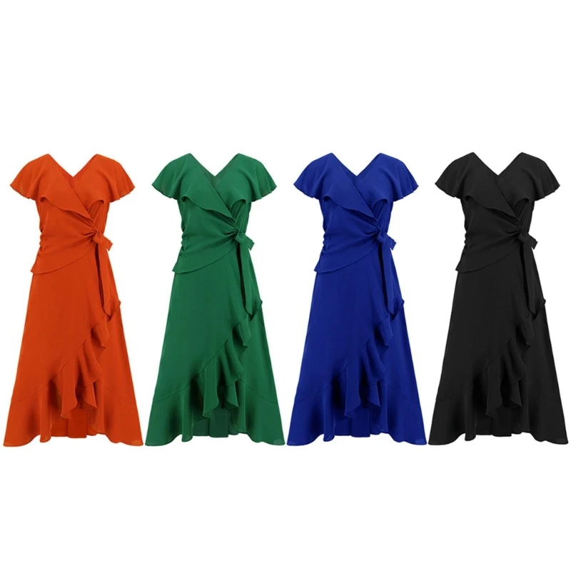 

Short Sleeve Ruffle Wrap V-Neck Belted Asymmetrical Hem Midi Dress for Womens