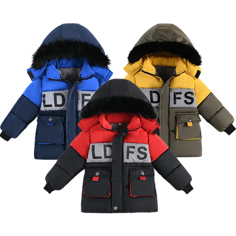 

Children's Autumn Winter Cotton Padded Baby Boys Thick Coat Kids Contrasting Colors Letter Zipper With Hood Clothes For 4-6Y New