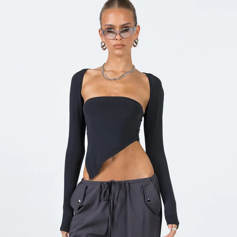 European And American Style Women's Summer New Clean Color Long Sleeved Shawl One Shoulder Wrap Chest Hot Girl Top