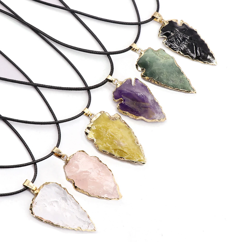 

Natural Stone Rose Quartz Amethyst Agate Raw Ore Arrow Pendant Necklaces Rope Chain For Jewelry Making Accessories Charm Gift1PC