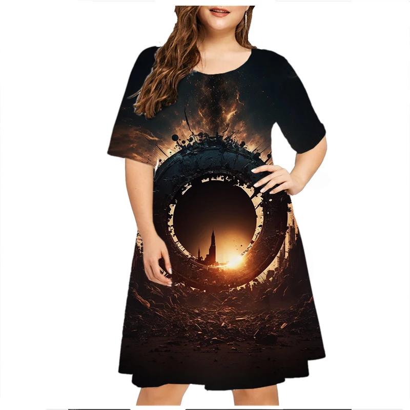 Женское платье с принтом молнии коротким рукавом и круглым вырезом