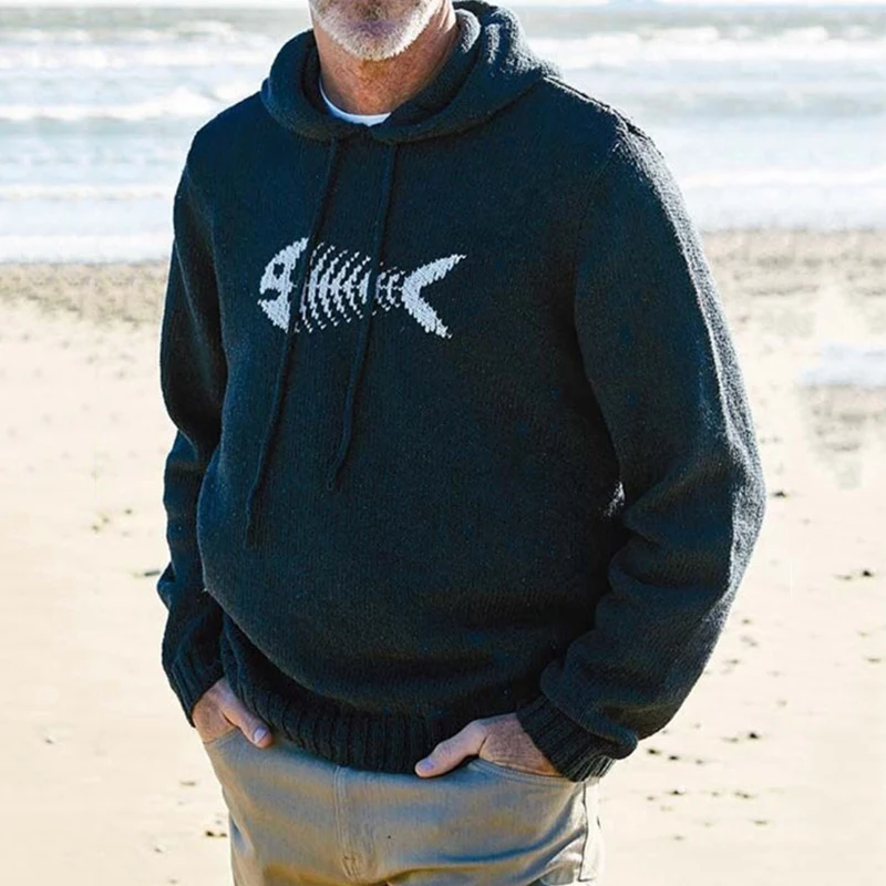 

Осенне-зимний мужской свитер с капюшоном, Модный узор, жаккардовые свитера с кулиской и капюшоном, Мужская одежда, повседневные свободные в...