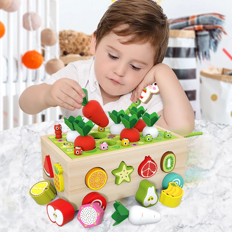 

Wooden Balls Children Wooden Multifunctional Farm Vegetable Orchard Shape Cognitive Matching Tractor Toy