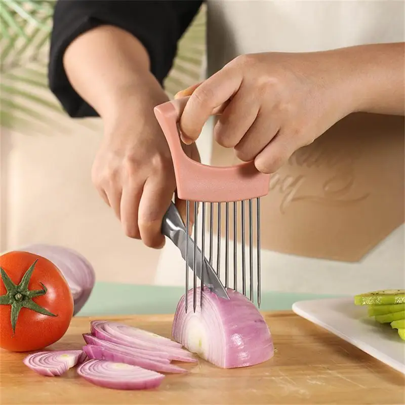

1pc Stainless Steel Onion Needle Onion Fork Vegetables Fruit Slicer Tomato Cutter Knife Cutting Safe Aid Holder Kitchen Gadget
