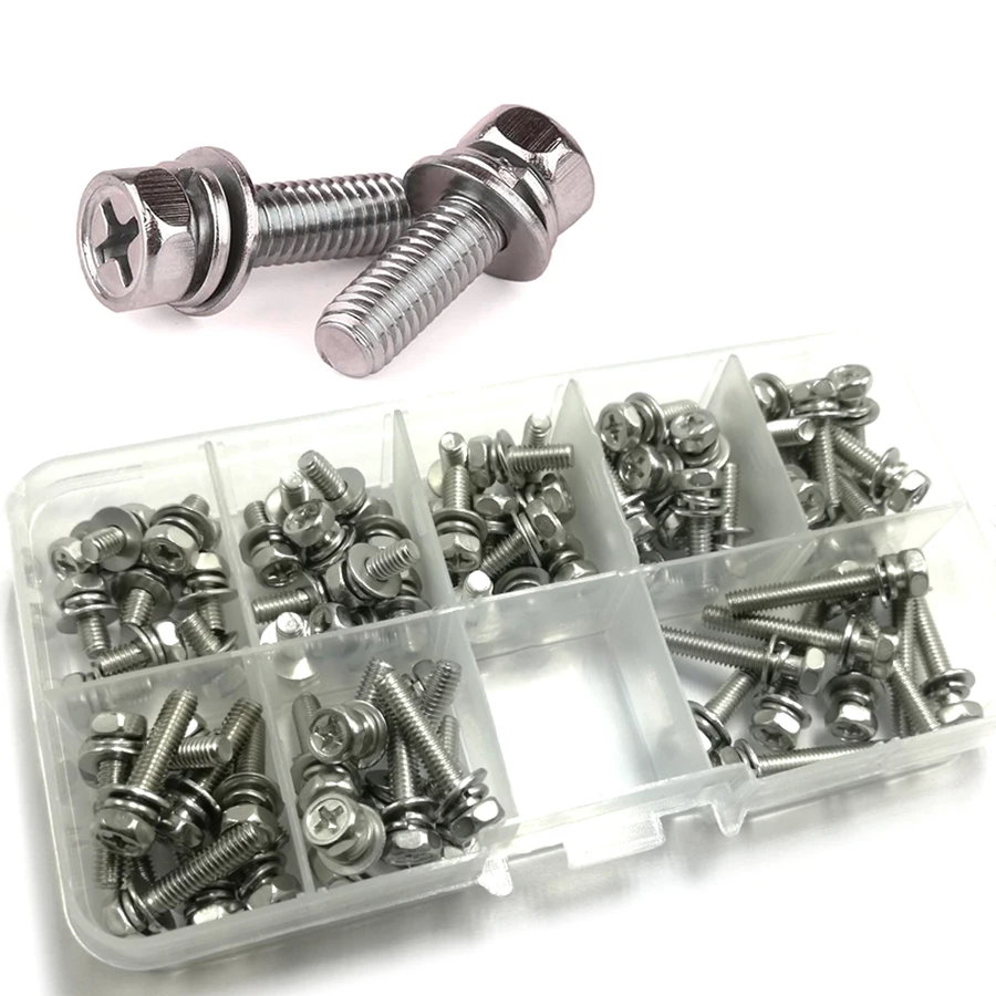 

M3 M4 M5 M6 Combined Hex Head Screw Kit, 304 Stainless Steel Cross Recessed Hexagon Bolt With Washers ,A022